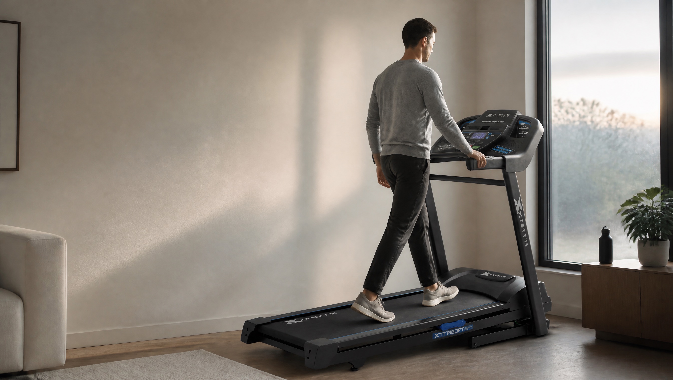 A person walking casually on an XTERRA treadmill in a calm home